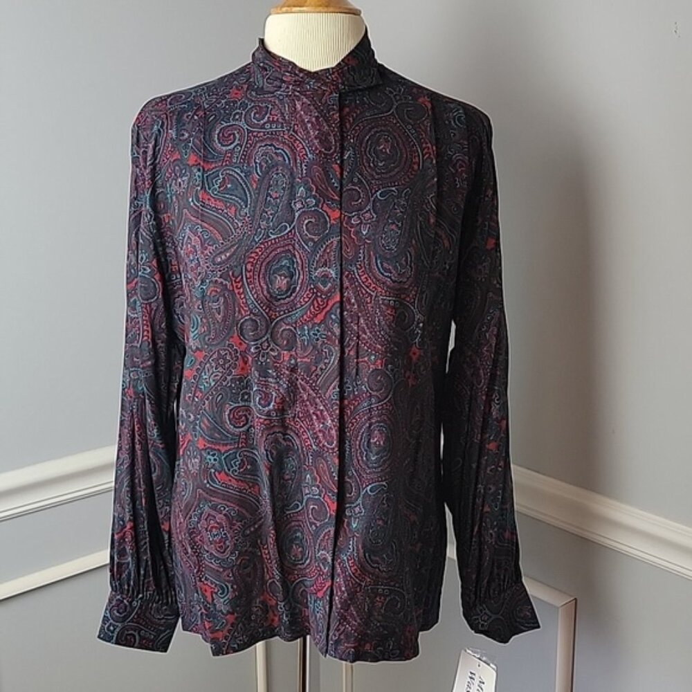 PENDLETON Jewel Tone Paisley Full‎ Button Placket Pleated Retro Office Blouse 10